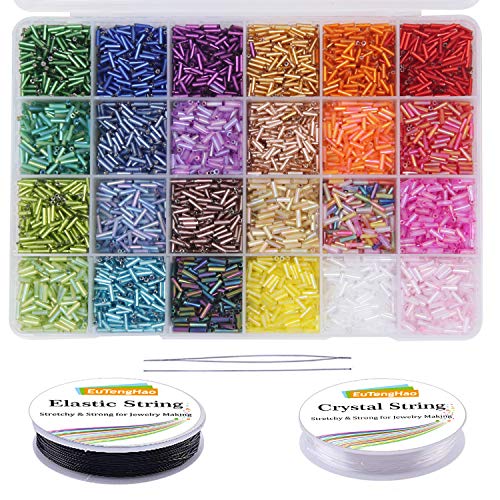 EuTengHao 9600pcs Tube Beads Kit Glass Bugle Seed Beads Small Craft Beads for DIY Bracelet Necklaces Crafting Jewelry Making Supplies with Two Crystal String (7mm, 400 Per Color, 24 Colors)
