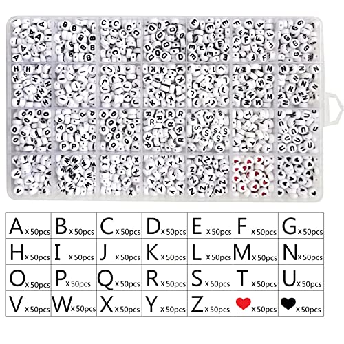 Amaney 1450pcs Alphabet Beads 4x7mm White Round Flat Acrylic Letter Beads A-Z Red Heart and Black Heart Beads for Jewelry Making Bracelets Necklaces Key Chains
