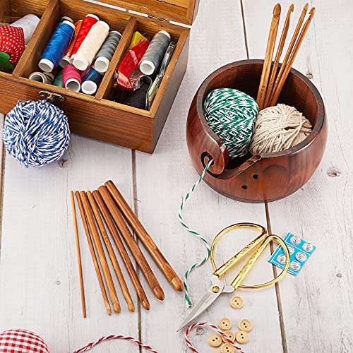 Wooden Yarn Bowl Crocheting Bowl Round Knitting Wool Storage Yarn Bowl Handmade with Holes 12 Pieces Crochet Hooks for Crocheting Knitting DIY Crafts Tools (Dark Brown,6 x 3 x 3 Inch)