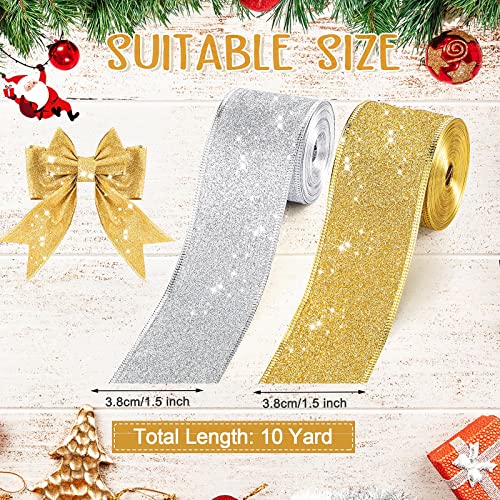 2 Rolls 20 Yards Christmas Wired Edge Ribbon 1.5 Inch Glitter Wrapping Ribbons Craft Ribbon Decorative Ribbons for Christmas Tree Home Decor Bows Crafting (Silver, Gold)