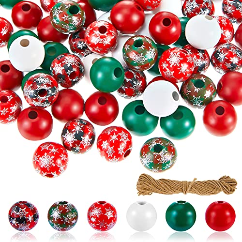 200 Pieces Colorful Christmas Wooden Beads Red Green Plaid Wood Beads Colored Round Wood Spacer Beads Loose Snowflake Wood Beads Wooden Christmas Beads with Hanging Rope for Christmas Party Decoration