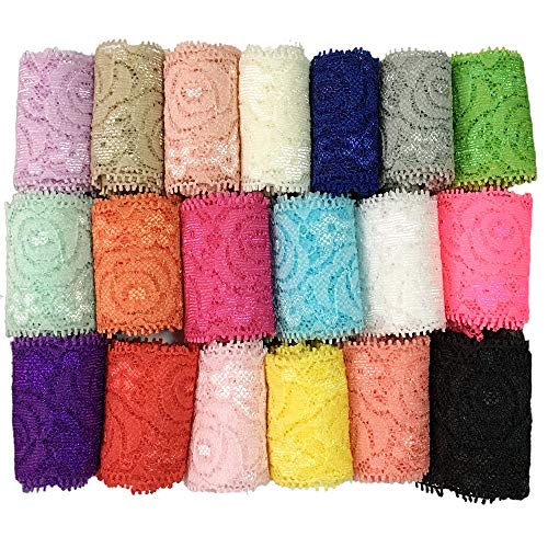 Gnognauq 19 Colors Tulle Elastic Stretch Lace Trim Floral Pattern Lace Ribbon for Garment,Crafts and Gift Wrapping (1.57 inches Wide, 19 Yards)