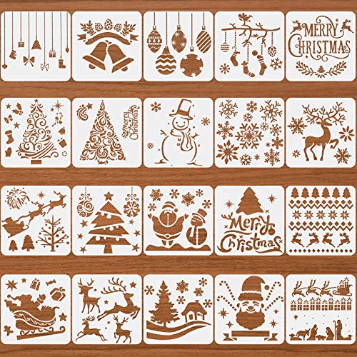 20 Pieces Christmas Stencils Template Reusable Plastic Craft for Art Drawing Painting Spraying Window Floor Glass Door Car Tile Body Wood Scrapbook Holiday Xmas Snowflake Album DIY Decor, 5 x 5 Inch