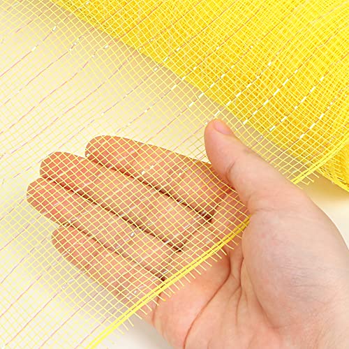 MIKIMIQI Deco Mesh 10 Inch x 30 Feet Decor Mesh Ribbon with Metallic Foil Deco Mesh Wreath Supplies Ribbon Mesh Roll for Spring Wreaths, Swags, Craft, Party Decoration (Daffodil)