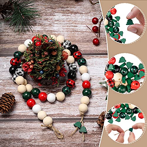 Christmas Wooden Beads 0.63 Inch Craft Buffalo Plaid Bead Farmhouse Colored Wood Beads and 0.47 Inch Christmas Tree Shaped Bead with 6.6 Feet Natural Cord for Christmas DIY Garland Jewelry (201 Pcs)