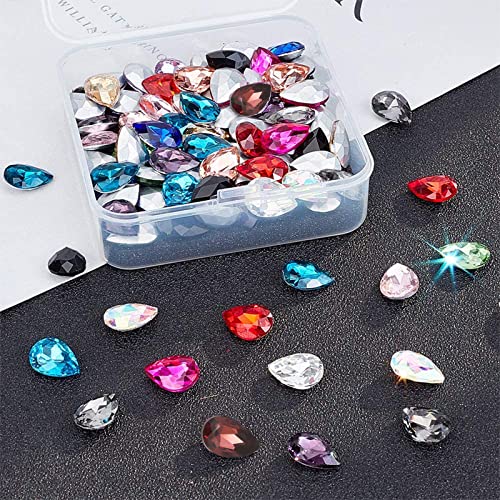 OLYCRAFT 90pcs Glass Point Back Rhinestone Cabochons 14x10mm Teardrop Faceted Resin Rhinestone Gems for Jewelry Making, Nail Arts, Phone Decoration and DIY Crafts - 15 Colors