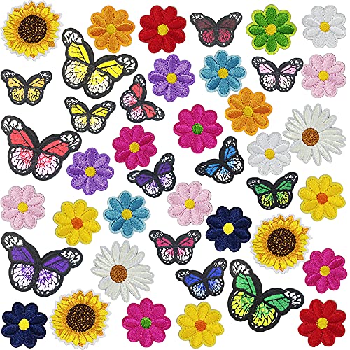 42pcs Embroidered Flowers Butterfly Iron on Patches Sunflower Daisy Patch for Clothing Sew on Patches Set for Jackets Jeans Bags Clothes Arts Crafts DIY Decoration