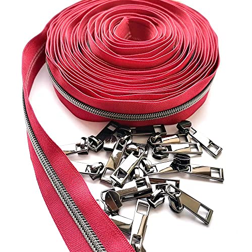 CYS #5 Nylon Coil Zippers by The Yard Long Zippers for Sewing Red Zipper Tape 10 Yard with 20PCS Gunmetal Slider-Zipper Roll for Tailor Crafts