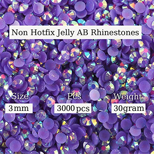 3000pcs 3mm 30gram Resin Rhinestone AB Color Flatback Jelly Resin Rhinestones Bling Glitter Diamond Stone for Mugs, Bottles, Tumblers, Craft Decoreation (Purple AB 50)
