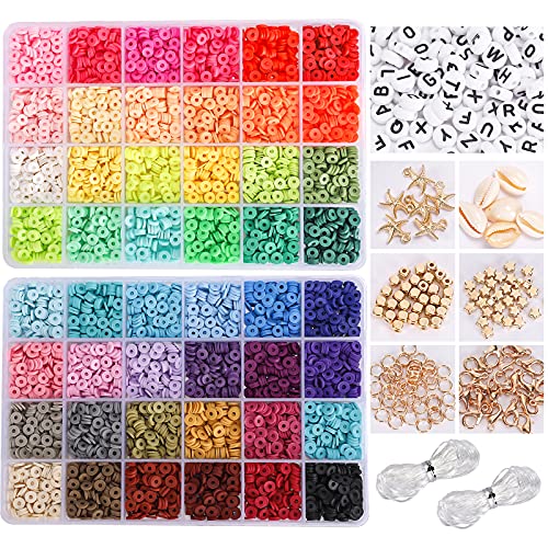Quefe 6300pcs Clay Heishi Beads with 130pcs Letter Beads, Polymer Flat Round Disc Beads Kit with Elastic String, Pendant, and Jump Rings, for DIY Jewelry Marking Bracelets Necklace, 48 Colors 6mm