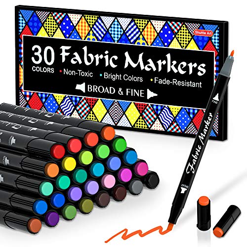 Fabric Markers Pens, Shuttle Art 30 Colors Dual Tip Fabric Markers Permanent No Bleed Markers for T-Shirts Sneakers, Non-Toxic & Child Safe Permanent Fabric Pens for Kids Adult Painting Writing