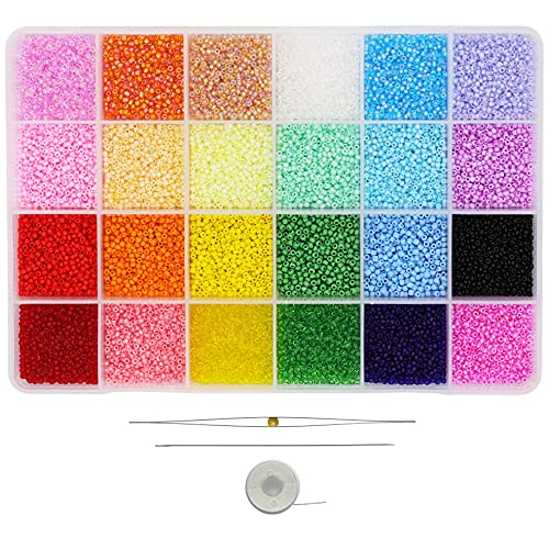 Bala&Fillic Size 2mm 12/0 Glass Seed Beads with Needles and String Beading Kit About 21600pcs in Box Multicolor Assortment Craft Seed Beads for Jewelry Making (900pcs/Color, 24 Colors)