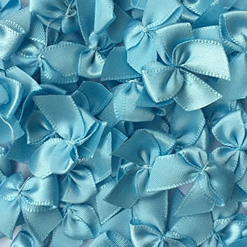 Chenkou Craft 60pcs Mini Satin Ribbon Bows Flowers 1"x3/4" Appliques DIY Craft Blue Color Wedding Dec