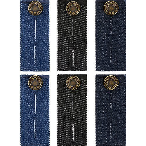 Toodoo 6 Pieces Jeans Waist Extender Jeans Pants Extender Blue Jean Button Extender Waist Extender with Metal Button for Pants, Jeans, Trousers and Skirt, Black, Blue and Dark Blue