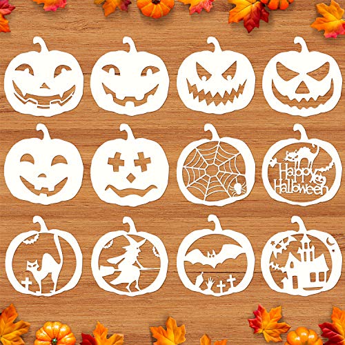Mocoosy 12 Pcs 8 Inch Halloween Stencils, Large Pumpkin Stencils for Carving, Reusable Plastic Halloween Stencils for Painting on Wood Pumpkin Wall Fabrics Window