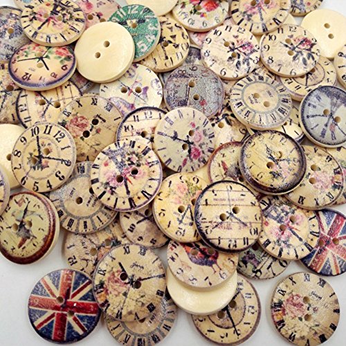AKOAK 50 Piece Pack 20mm New Vintage Style Popular Bulk Mixed Craft Wooden Clock Buttons Two-Holes Round Wooden Buttons Sewing Accessories Decorative Buttons