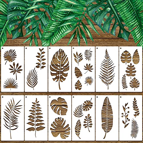 12 Pieces Reusable Fern Leaf Painting Stencils Tropical Palm Turtle Leaf Wall Stencil Flexible Botanical Leaves Template Set Crafts DIY for Furniture Canvas Wood Plank (6 x 12 Inches)