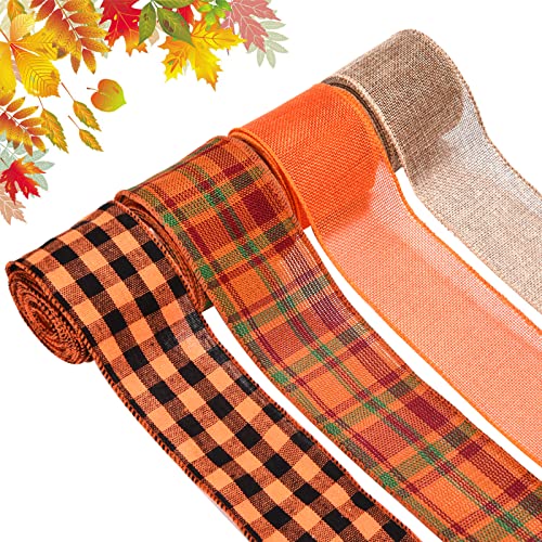 4 Rolls Thanksgiving Fall Wired Ribbon for Craft, 24 Yards Orange Buffalo Plaid Burlap Ribbon for Gift Wrapping Autumn Harvest Wreath Decoration, 2.5 inch x 6 Yards