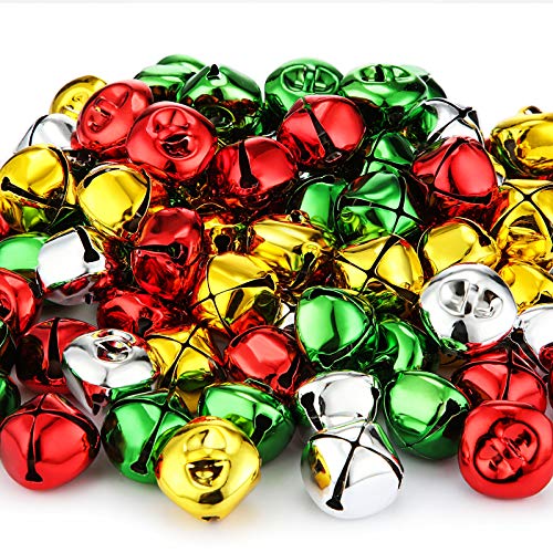Christmas Bells, 120 Pieces Colorful Craft Bells DIY Bells for Holiday Christmas Festival Decoration DIY Charms Jewelry Making (1 Inch, Gold, Silver, Red, Green)