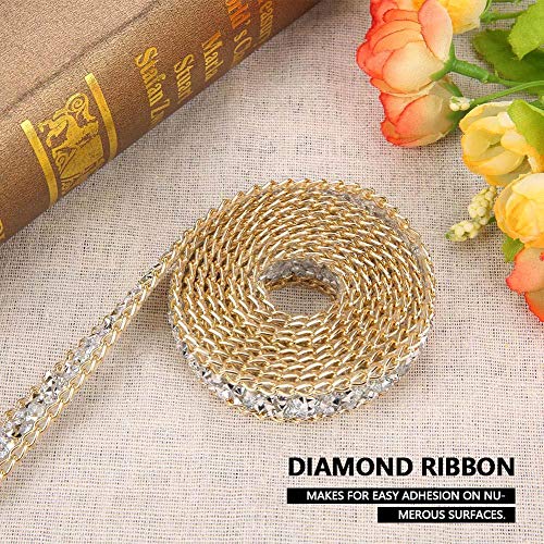 Akozon Diamond Ribbon Gold Rhinestone Trim 5 Yard 15mm Gold Edge Silver Diamond Wrap Roll Ribbon Decor for DIY Sewing Craft