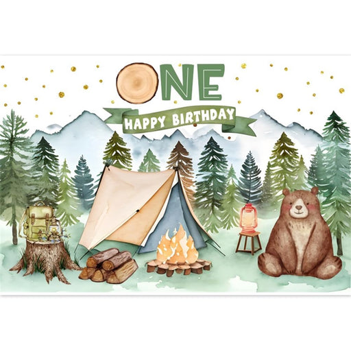 10x8ft Vinyl Happy Camper Birthday Backdrop Camp Background 1st Birthday Party Decorations Bear Abstract Mountain Forest Camping First Birthday Banner Backdrop for Photo Booth Props