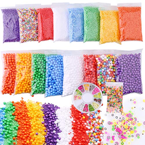 Slime Foam Beads Floam Balls – 18 Pack Microfoam Beads Kit 0.1-0.14 and 0.28-0.35 inch Colors Rainbow Fruit Beads Craft Add ins Homemade DIY Kids Ingredients Flome Styrofoam Supplies Big