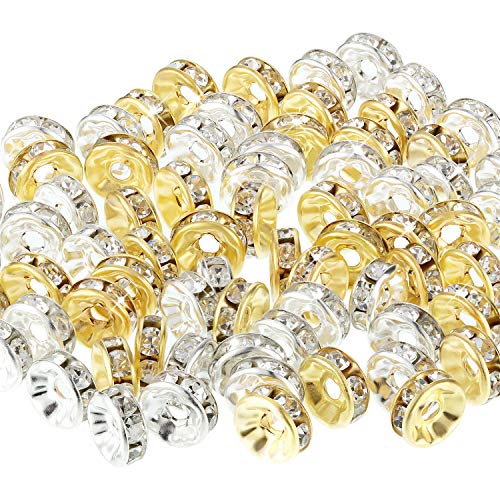 Bememo 200 Pieces 8mm Rondelle Beads Crystal Spacer Beads Loose Beads for Jewelry Bracelets Making (Golden and Silvery)
