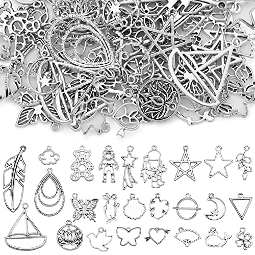 Sureio 100 Pcs Bezel Charms Pendant Hollow Bezel Pendants Assorted Hollow Bezels for Jewelry Making Open Bezels for Resin Earring Necklace Casting Flower Frame Pendant DIY Crafts Resin Jewelry Moulds