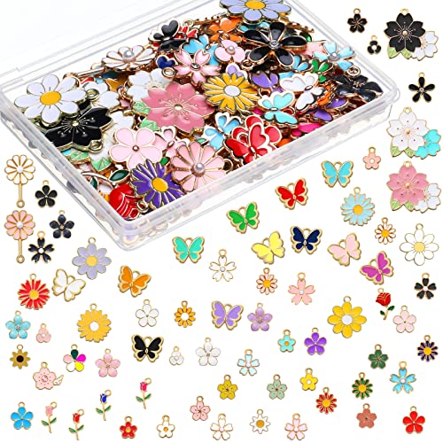 150 Pieces Summer Flower Butterfly Charms for Necklace Bracelet Earring Jewerly Making Christmas Gift DIY Colorful Sunflower Daisy Floral Rose Sakura Butterfly Spring Pendants with Storage Box