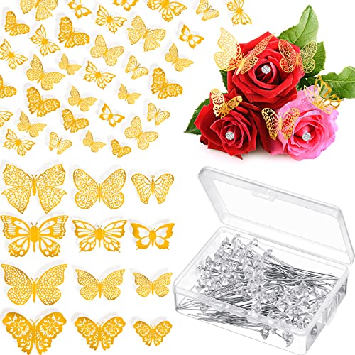 100 Pcs Bouquet Wedding Corsages Pins for Flowers and 48 Pcs 3D Gold Butterfly Wall Decor 3 Sizes, Flower Rhinestone Head Pins Butterfly Stickers Wall Decals for Wedding Birthday Party