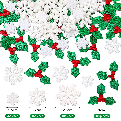 50 Pieces Tiny Resin Snowflake Decorations 100 Pieces Holly Leaves and Berries Charms, Snow Shaped Ornaments Confetti Fabric Embellishment for Christmas Tree (White, Green)