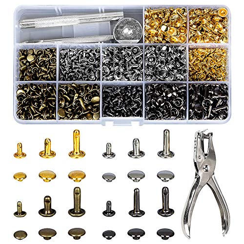 CJRSLRB 480 Sets Leather Rivets with 4 Fixing Set Tools, 3 Sizes 4 Colors Double Cap Rivet Tubular Metal Studs for DIY Leather Craft Decoration