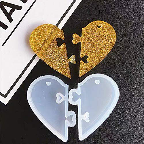 10 Pieces Couples Keychains Heart Shape Silicone Mold with Hole, Lovers Puzzle Pendant Casting Molds with 10 Pieces Key Rings for DIY Keychain or Jewelry Earring Necklace Pendant Handmade Craft