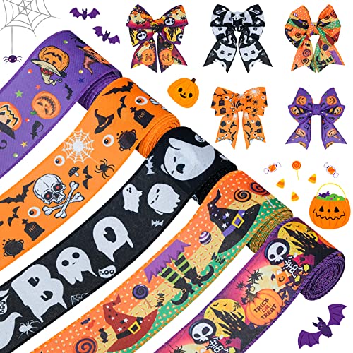 Kuscul 5 Rolls 25 Yards Mardi Gras Wired Edge Ribbon Spider Pumpkin Pattern Burlap Ribbon Witch Legs and Hats Skull Bats Boo Printed Wrapping Ribbon for Carnival Wreaths and DIY Crafts, 2.5 Inch