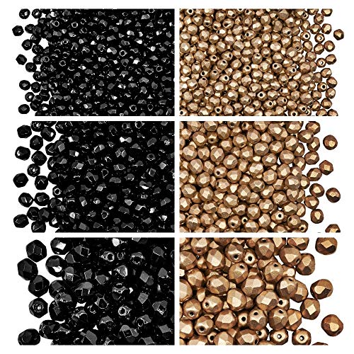 Czech Faceted Glass Beads, Fire-Polished, Round 3mm, 4mm, 6mm. Two Colors: Black and Aztec Gold. A Total of 500 Pieces of Beads. Set 2CFP 015 (3FP001 3FP007 4FP001 4FP085 6FP001 6FP077)
