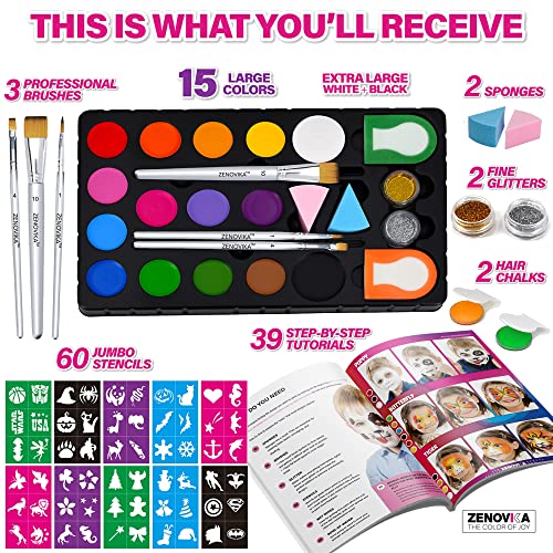 Zenovika Face Paint Kit for Kids - 60 Jumbo Stencils, 15 Large Water Based Paints, 2 Glitters - Halloween Makeup Kit, Professional Face Paint Palette, Safe for Sensitive Skin, Face Painting Book
