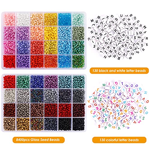 Quefe 8690pcs Glass Seed Beads 4mm 6/0 Bracelet Beads for Jewelry Making kit, Small Waist Craft Beads, 260pcs Alphabet Letter Beads with Elastic String Cords and Charms