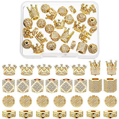 40 Pieces King Crown Charms 8mm Round Rhinestone Beads Hexagon Big Hole Spacer Beads Bracelet Connector for DIY Xmas Jewelry Crafts Making (Gold with White Zircon)