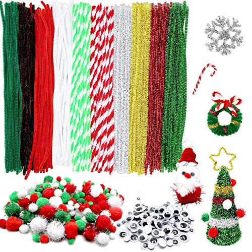 500Pcs Christmas Pipe Cleaners Craft Set, Including 200 Pcs Pipe Cleaners 200 Pcs Pom Poms 100 Pcs Wiggle Googly Eyes Self Adhesive, Assorted Colors and Assorted Sizes for DIY Art Craft