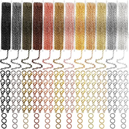 Kenning 12 Rolls 120 Feet 2 mm Jewelry Making Chains Necklace Supplies Colors Chain Link Cable Roll with Lobster Clasps and 50 Jump Rings for DIY Earring Bracelet