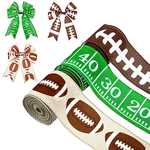 3 Rolls Football Wired Edge Ribbon 2.5 Inch x 6.6 Yard Sport Wired Ribbon Grosgrain Sports Fabric Ribbon Football Field Pattern Wired Ribbon for Wrapping and Hanging on Theme Party, 19.8 Yards Totally