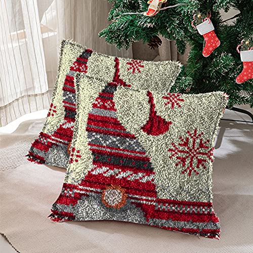 Latch Hook Kits DIY Throw Pillow Cover Printed Christmas Hat Canvas Crocheting Embroidery Set Crafts for Kids/Adults Sofa Decor 17'' x 17''