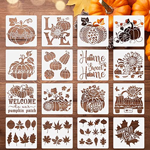 16 Pcs Fall Stencils Pumpkin Painting Stencils Fall Pumpkin Templates Reusable Maple Leaf Stencils on Wood Harvest Thanksgiving Autumn Stencils for Crafts DIY Painting Home Decorations, 16 Styles