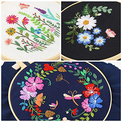 Caydo 3 Sets Embroidery Starter Kit with Pattern and Instructions, Cross Stitch Kits Include 3 Embroidery Cloth with Floral Pattern, 3 Plastic Embroidery Hoops, Color Threads and Tools