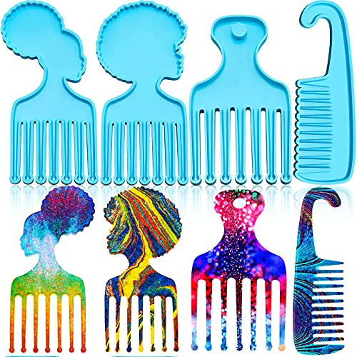 4 Pieces Hair Pick Mold Comb Resin Mold Afro Comb Silicone Mold Epoxy Casting Comb Molds Afro Female Silicone Resin Comb Mold for DIY Crafts Supplies, 4 Styles