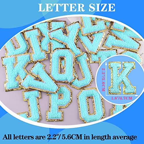 Yhsheen 26pcs Self-Adhesive Embroidered Gold Glitter Letter Patches Chenille Letter Repair Iron on Patches Appliques for Fabric, Clothes, Bags Craft Supplies(Bondi Blue)