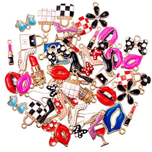 50 Pieces Women's Makeup Lip Lipstick Charms Gold Plated Enamel High Heels Wallet Flower Bow Charm Pendant for DIY Jewelry Necklace Bracelet Earrings Making