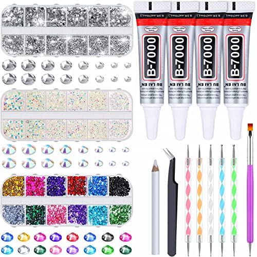 B7000 Jewelry Glue with Rhinestones for Crafts, 4500Pcs Rhinestones Gems with Rhinestone Glue for Shoes Cloth Fabric with Wax Picker Pencil for Crafting Diamoment Painting Jewelry Making and Nail Art