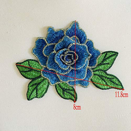 5pcs 3D Blue Rose Flower Patch Embroidered Garment Appliques Sew on Patches Clothes Cheongsam Wedding Dress Accessory