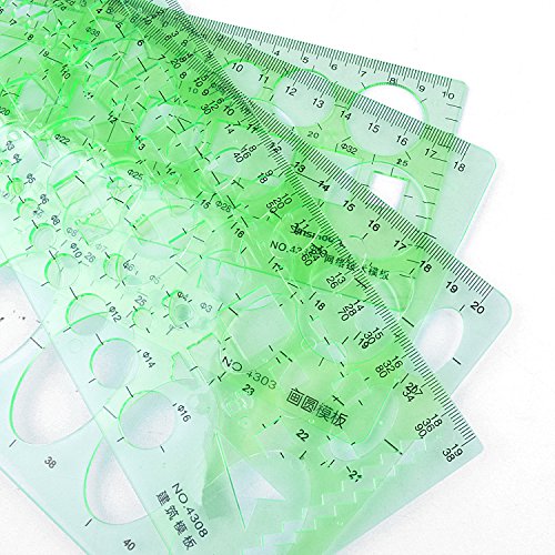 BronaGrand 4pcs Plastic Measuring Templates Drafting Drawing Stencils Geometric Rulers for Office and School, Building Formwork(Clear Green)